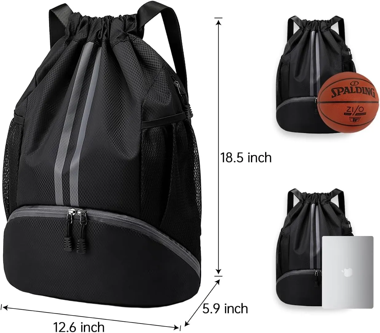 Drawstring Backpack Sports Gym Bag with Shoes Compartment, Waterproof Pocket and Water Bottle Holder for Women Men (Black)