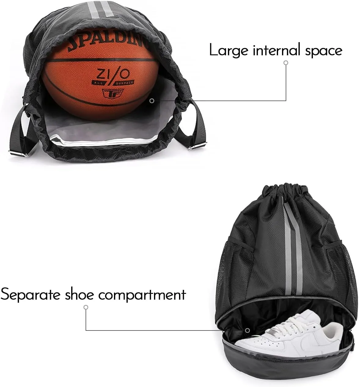 Drawstring Backpack Sports Gym Bag with Shoes Compartment, Waterproof Pocket and Water Bottle Holder for Women Men (Black)