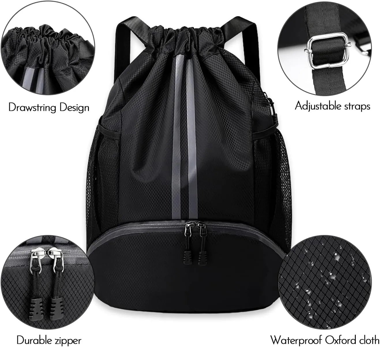 Drawstring Backpack Sports Gym Bag with Shoes Compartment, Waterproof Pocket and Water Bottle Holder for Women Men (Black)