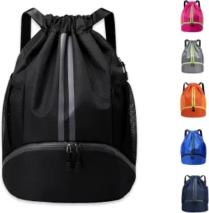 Drawstring Backpack Sports Gym Bag with Shoes Compartment, Waterproof Pocket and Water Bottle Holder for Women Men (Black)