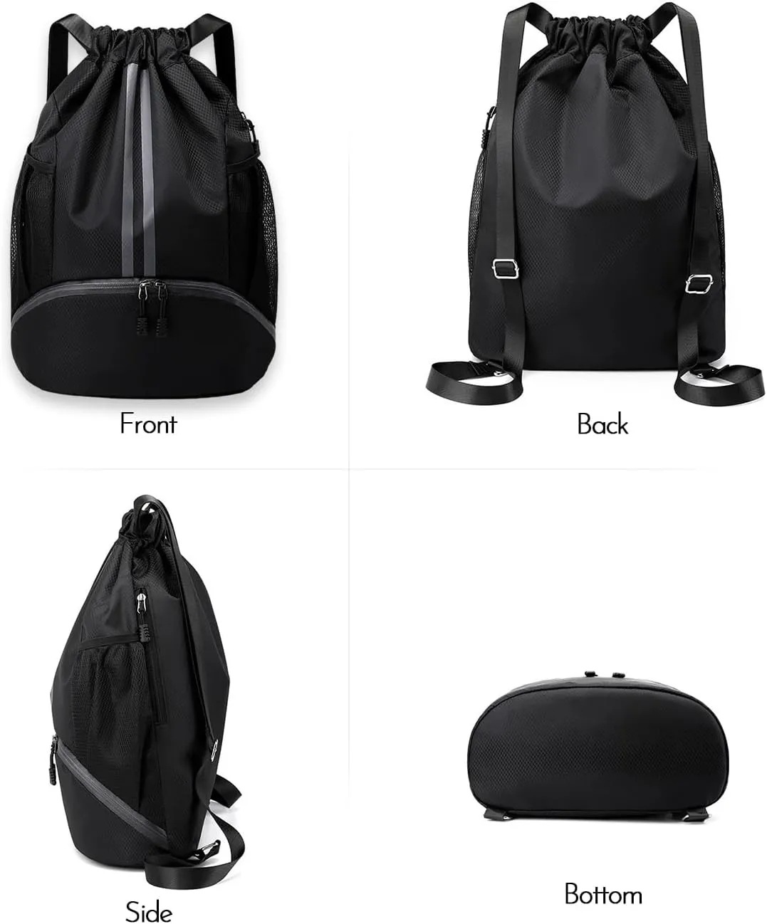 Drawstring Backpack Sports Gym Bag with Shoes Compartment, Waterproof Pocket and Water Bottle Holder for Women Men (Black)
