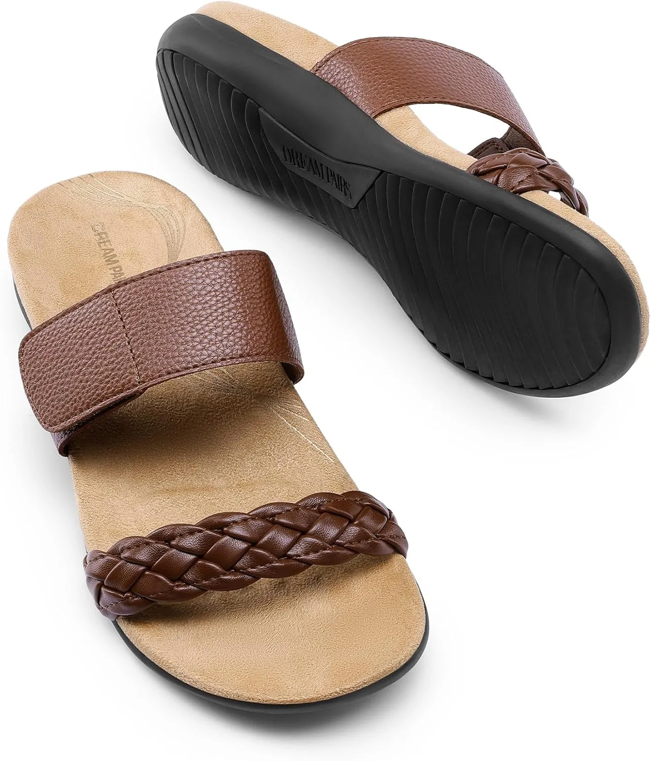 DREAM PAIRS Women's Arch Support Slides Flat Sandals Soft Cushion Slippers With Adjustable Straps