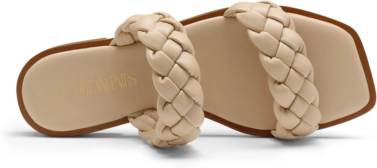 DREAM PAIRS Women's Braided Sandals Slip on Slides Two Straps Square Toe Dressy for Summer