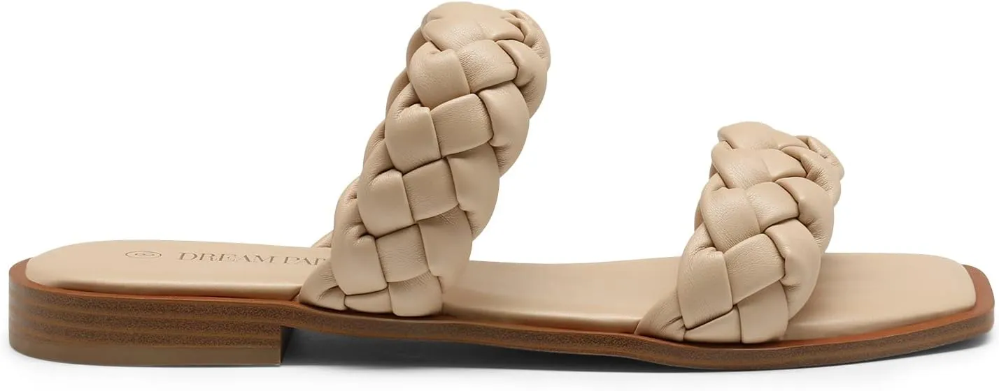 DREAM PAIRS Women's Braided Sandals Slip on Slides Two Straps Square Toe Dressy for Summer