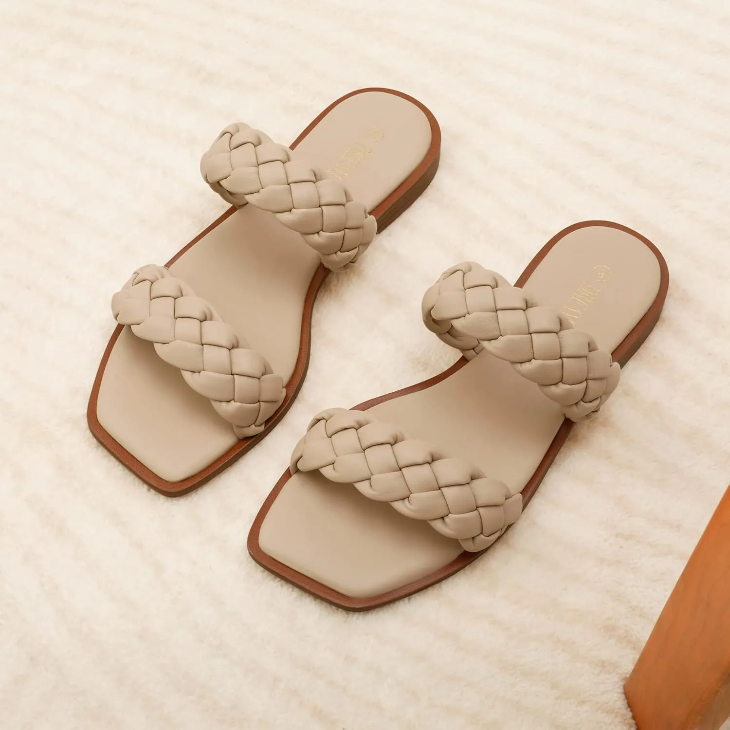 DREAM PAIRS Women's Braided Sandals Slip on Slides Two Straps Square Toe Dressy for Summer