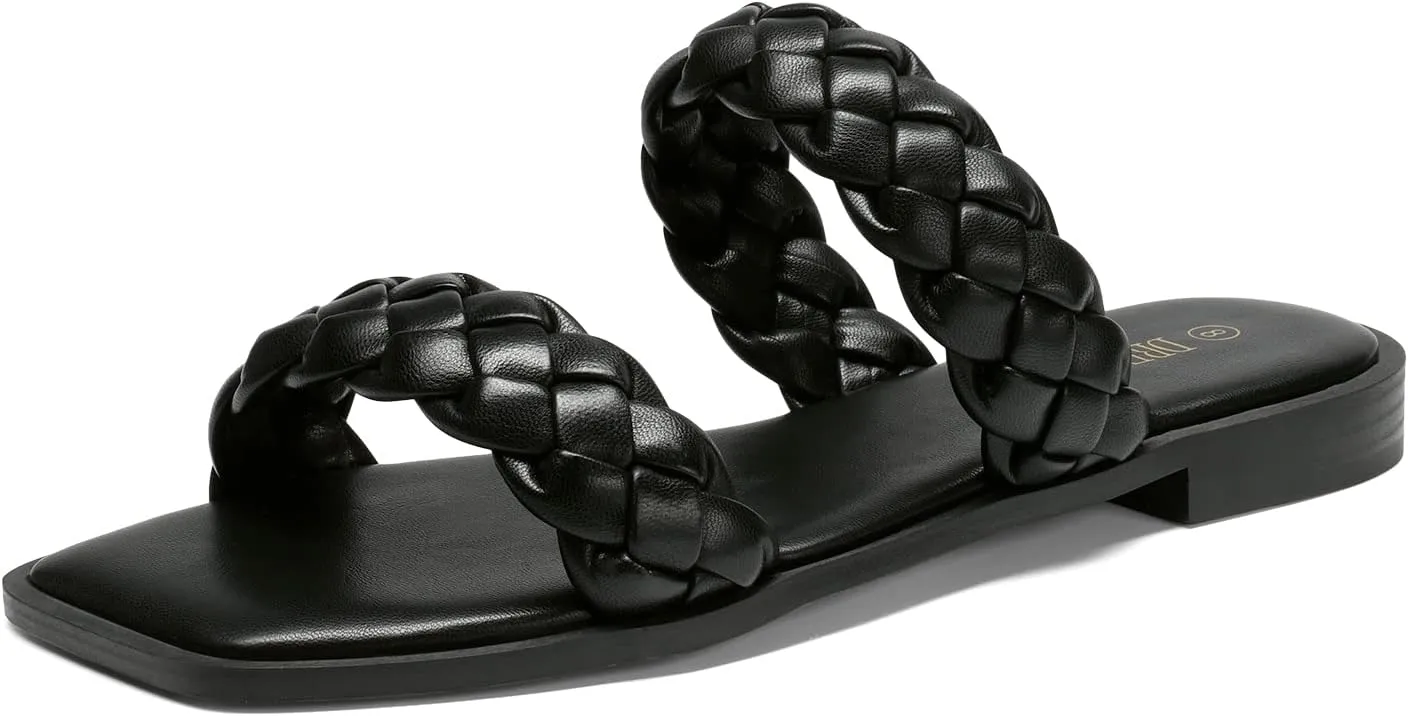 DREAM PAIRS Women's Braided Sandals Slip on Slides Two Straps Square Toe Dressy for Summer
