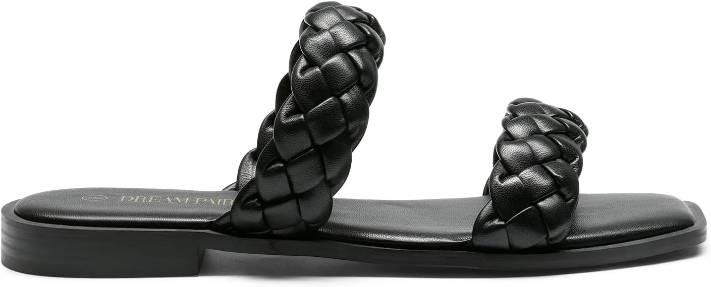 DREAM PAIRS Women's Braided Sandals Slip on Slides Two Straps Square Toe Dressy for Summer