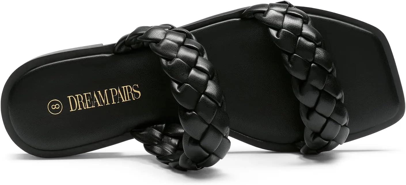 DREAM PAIRS Women's Braided Sandals Slip on Slides Two Straps Square Toe Dressy for Summer