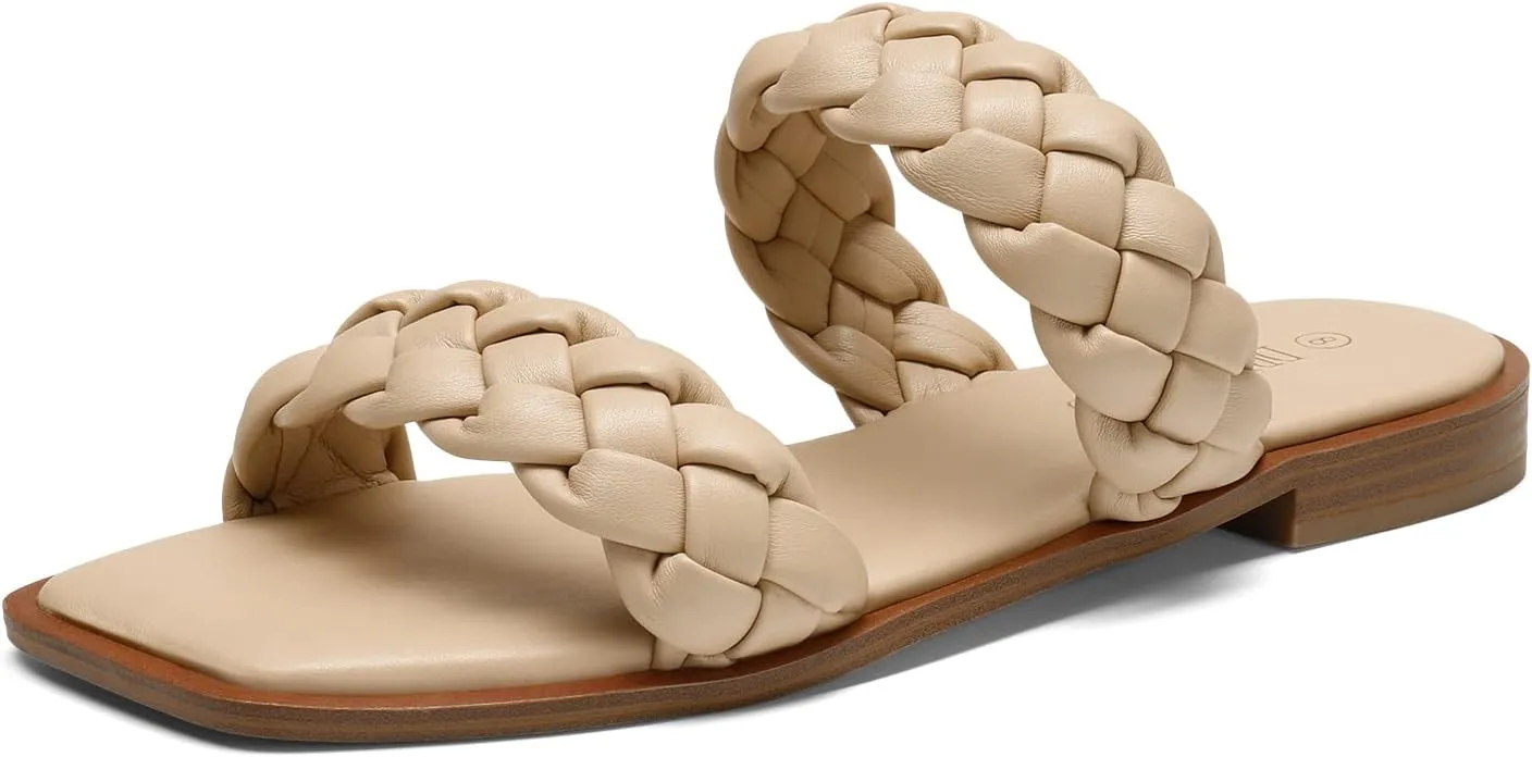 DREAM PAIRS Women's Braided Sandals Slip on Slides Two Straps Square Toe Dressy for Summer