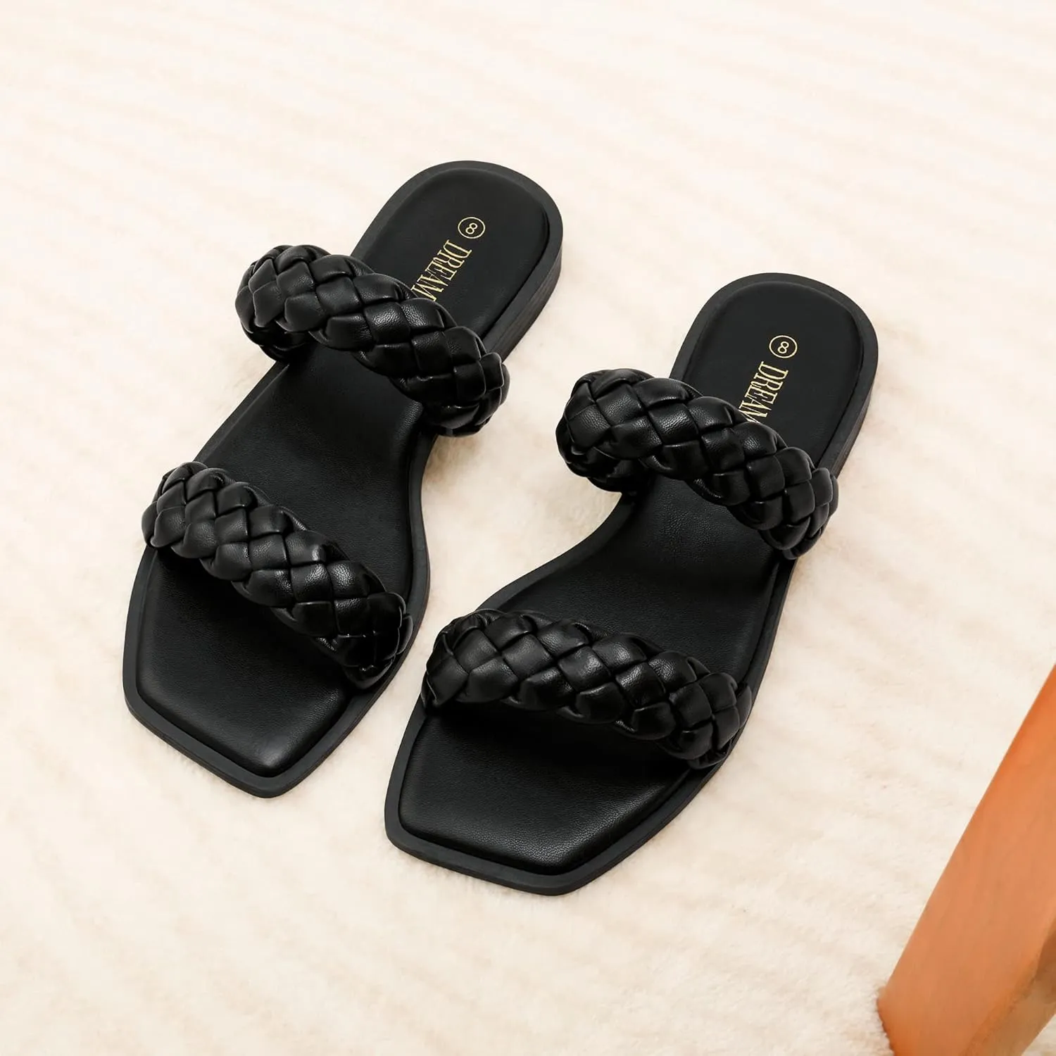 DREAM PAIRS Women's Braided Sandals Slip on Slides Two Straps Square Toe Dressy for Summer