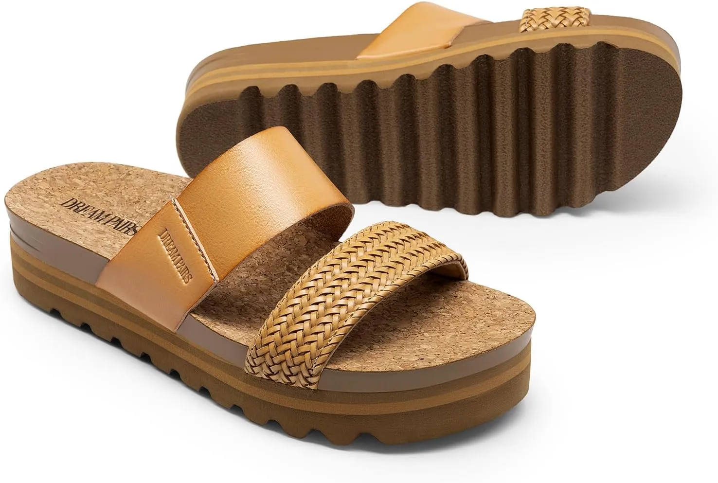 DREAM PAIRS Women's Platform Wedge Sandals with Arch Support, Comfortable Beach Slip-on Flat Sandals, Casual 2-Strap Cork Cushion Slides for Women