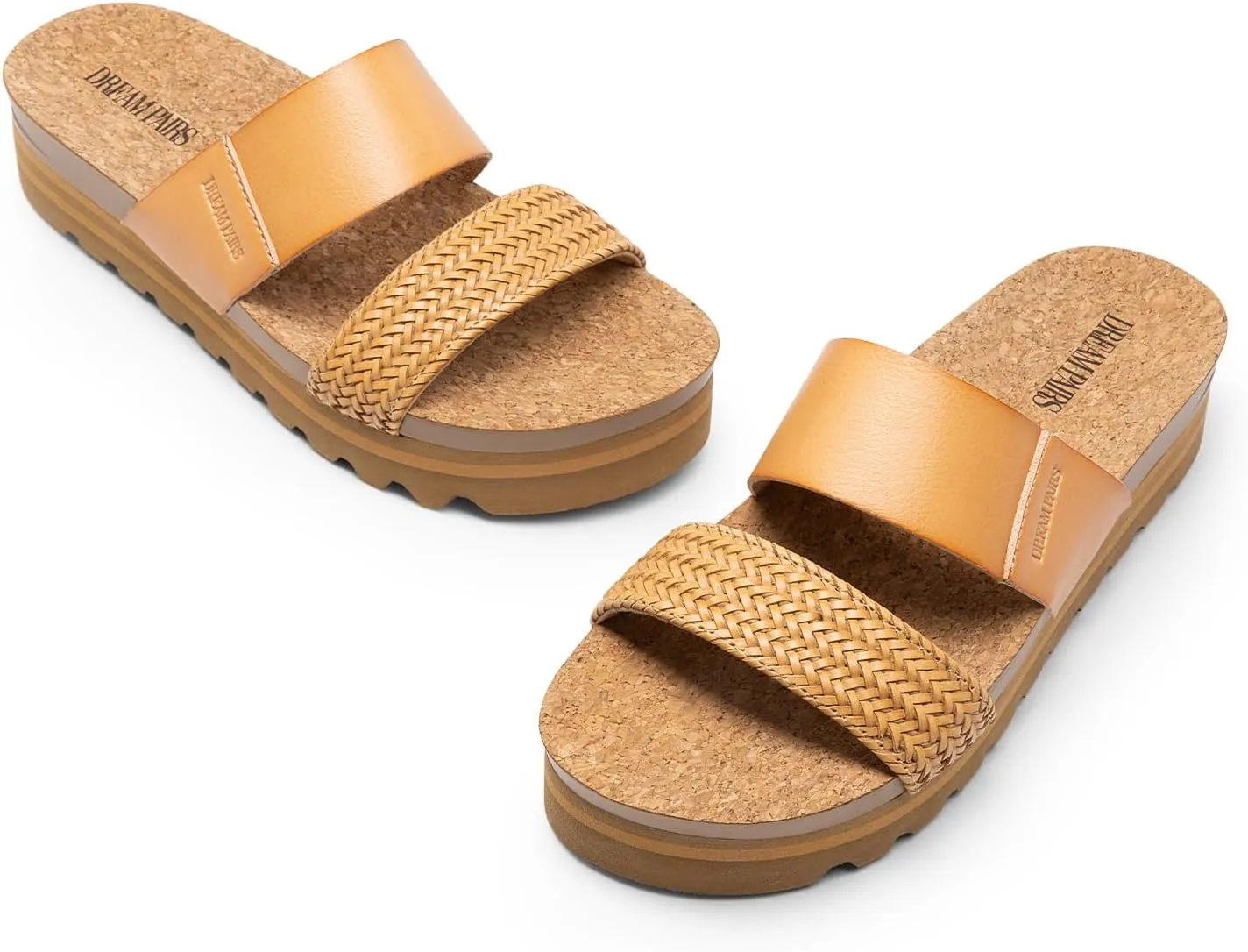 DREAM PAIRS Women's Platform Wedge Sandals with Arch Support, Comfortable Beach Slip-on Flat Sandals, Casual 2-Strap Cork Cushion Slides for Women