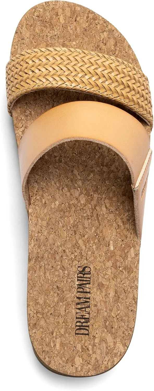 DREAM PAIRS Women's Platform Wedge Sandals with Arch Support, Comfortable Beach Slip-on Flat Sandals, Casual 2-Strap Cork Cushion Slides for Women