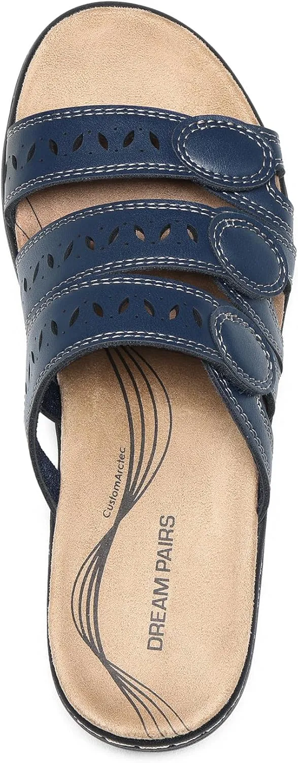 DREAM PAIRS Women's Slide Sandals Comfortable Arch Support Casual Walking Sandals Adjustable Straps Slip On Low Wedge Flat Sandals