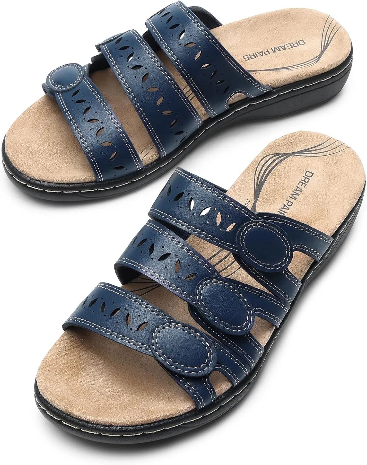 DREAM PAIRS Women's Slide Sandals Comfortable Arch Support Casual Walking Sandals Adjustable Straps Slip On Low Wedge Flat Sandals