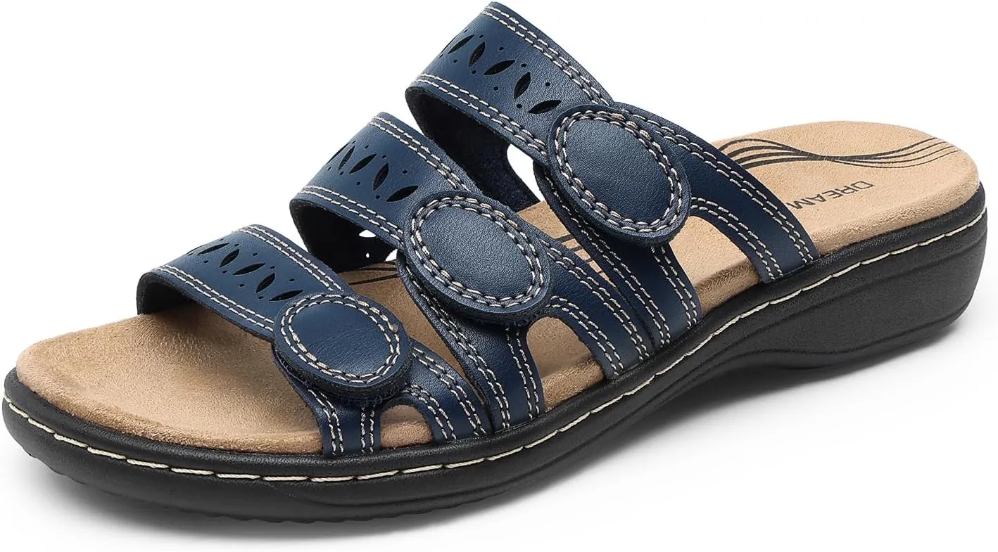 DREAM PAIRS Women's Slide Sandals Comfortable Arch Support Casual Walking Sandals Adjustable Straps Slip On Low Wedge Flat Sandals
