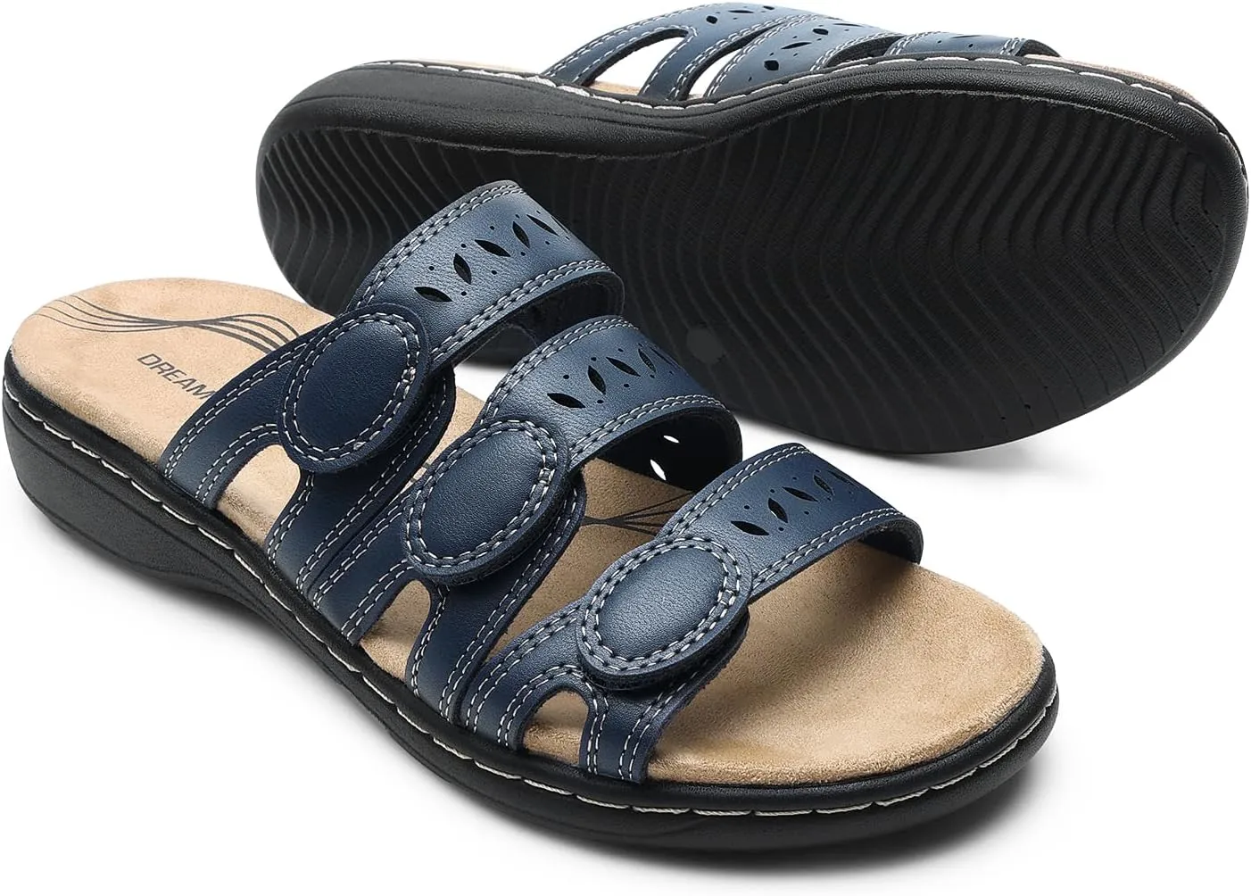 DREAM PAIRS Women's Slide Sandals Comfortable Arch Support Casual Walking Sandals Adjustable Straps Slip On Low Wedge Flat Sandals