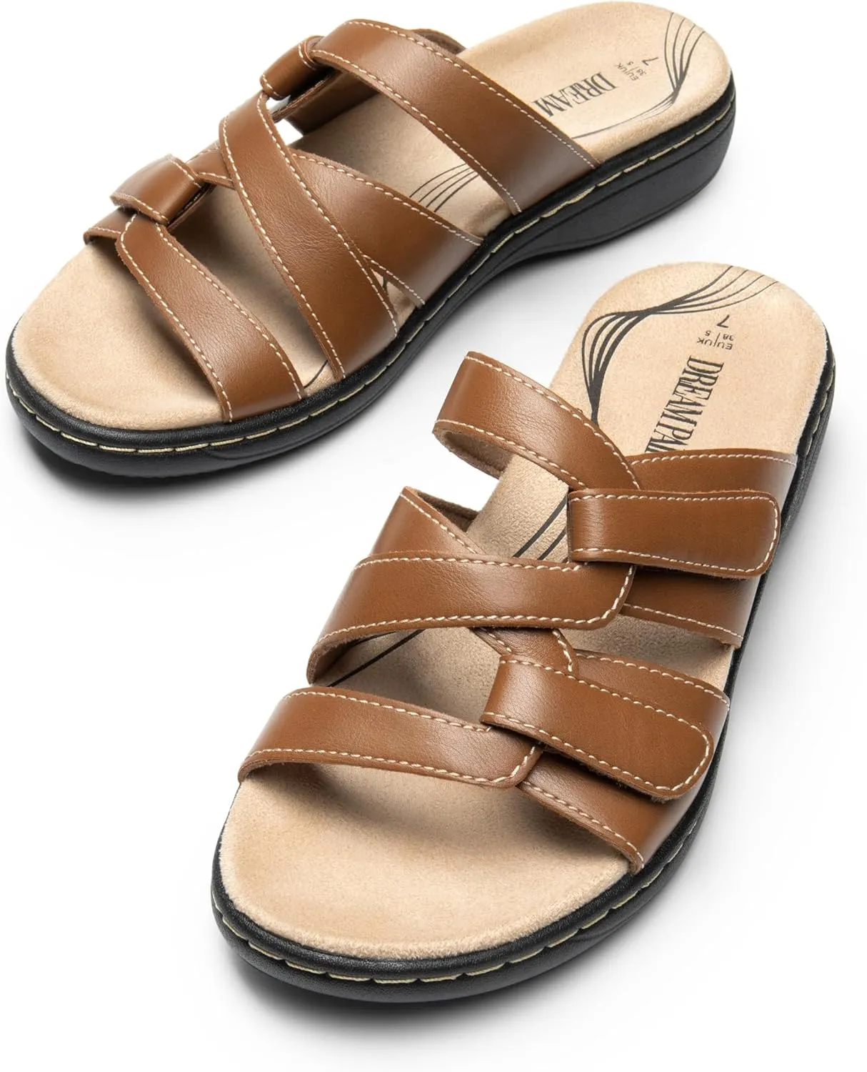 DREAM PAIRS Womens Slides Arch Support Slip on Flat Sandals Comfort Plantar Fasciitis Soft Cushion Slippers With Adjustable Straps
