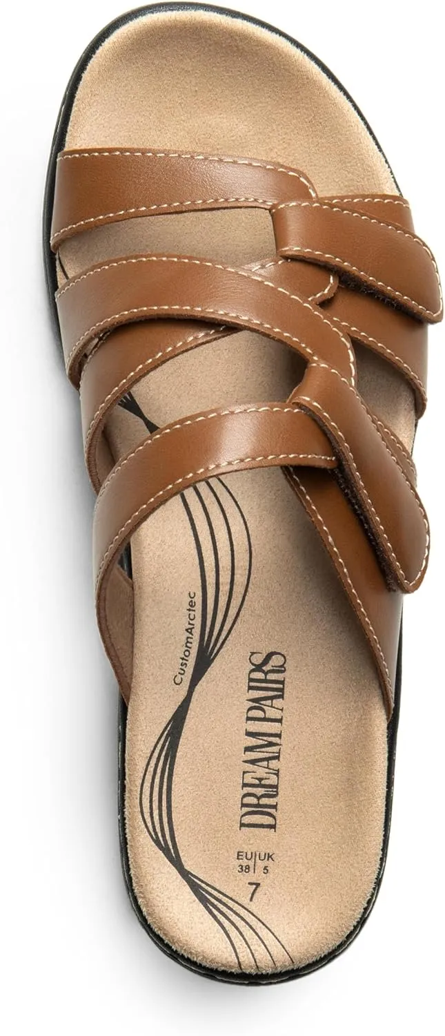 DREAM PAIRS Womens Slides Arch Support Slip on Flat Sandals Comfort Plantar Fasciitis Soft Cushion Slippers With Adjustable Straps