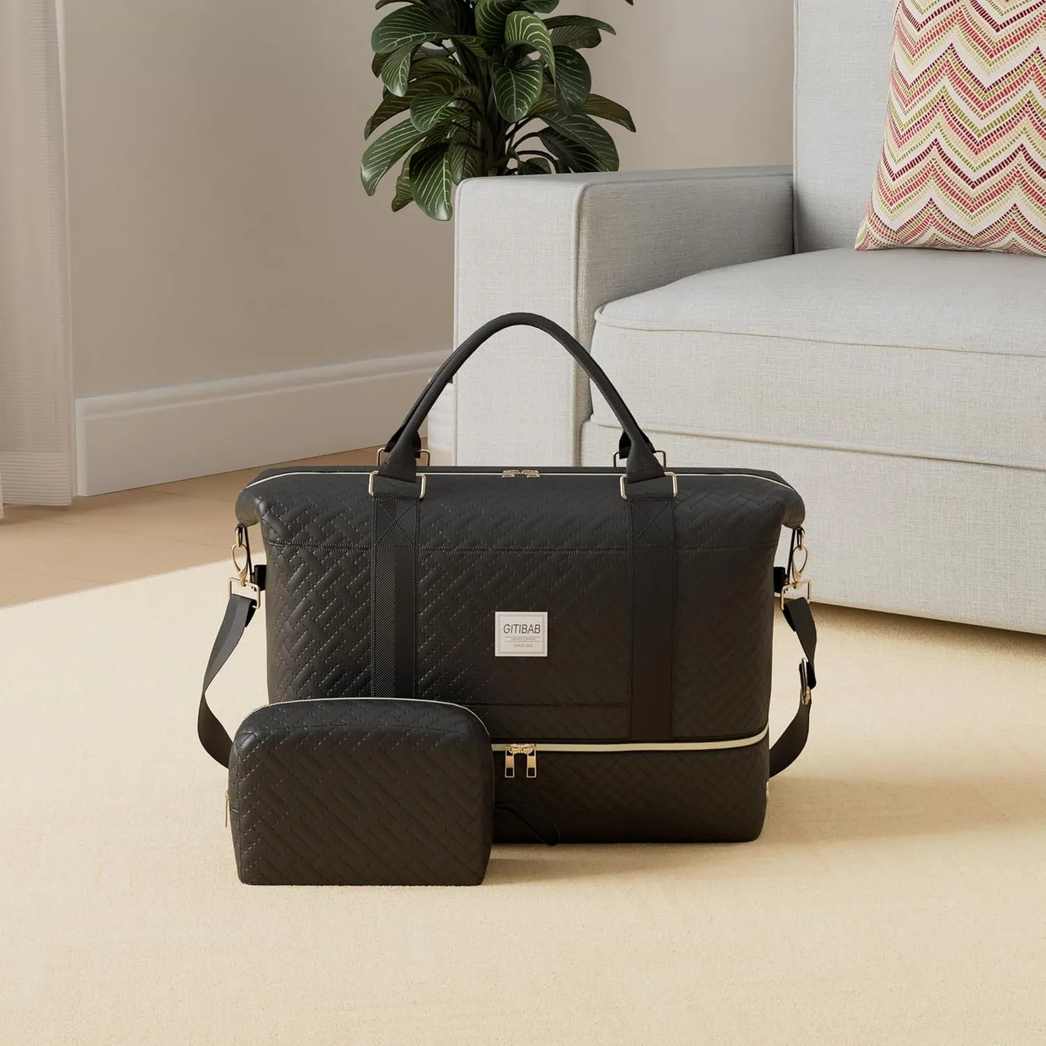 Duffle Bags for women,50L Quilted Travel Weekender Bag with Shoe Compartment, Large Carry On Overnight Tote Gym Bag