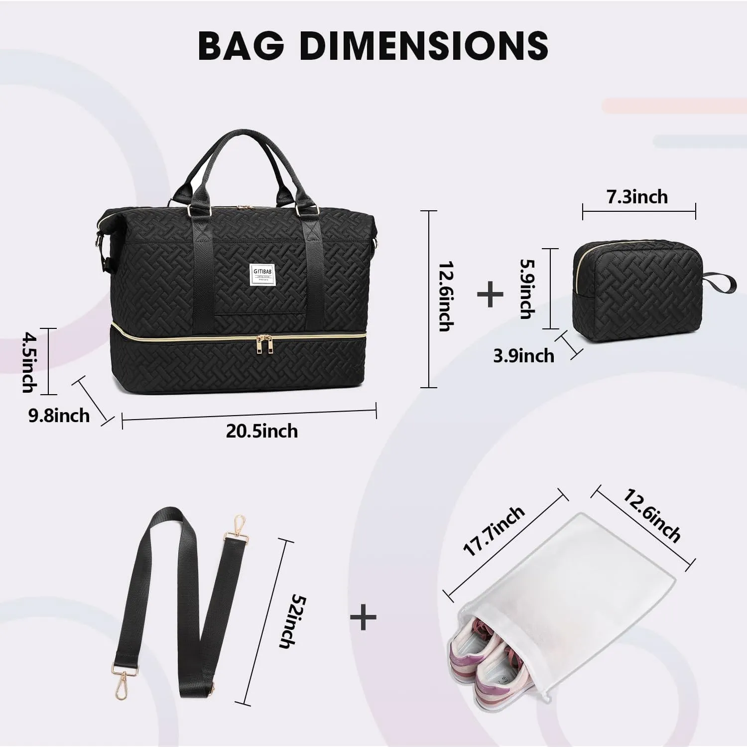 Duffle Bags for women,50L Quilted Travel Weekender Bag with Shoe Compartment, Large Carry On Overnight Tote Gym Bag