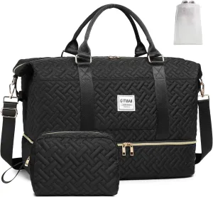 Duffle Bags for women,50L Quilted Travel Weekender Bag with Shoe Compartment, Large Carry On Overnight Tote Gym Bag
