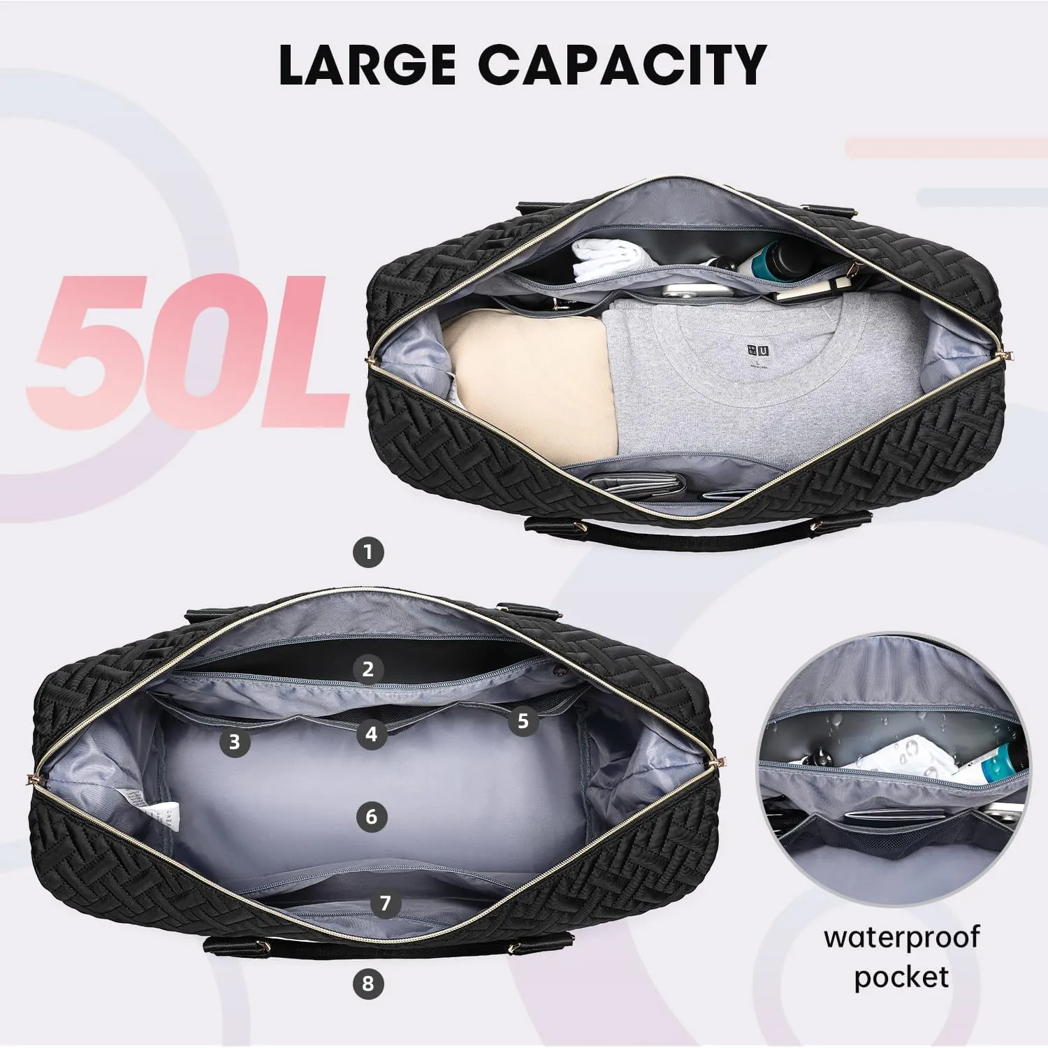 Duffle Bags for women,50L Quilted Travel Weekender Bag with Shoe Compartment, Large Carry On Overnight Tote Gym Bag