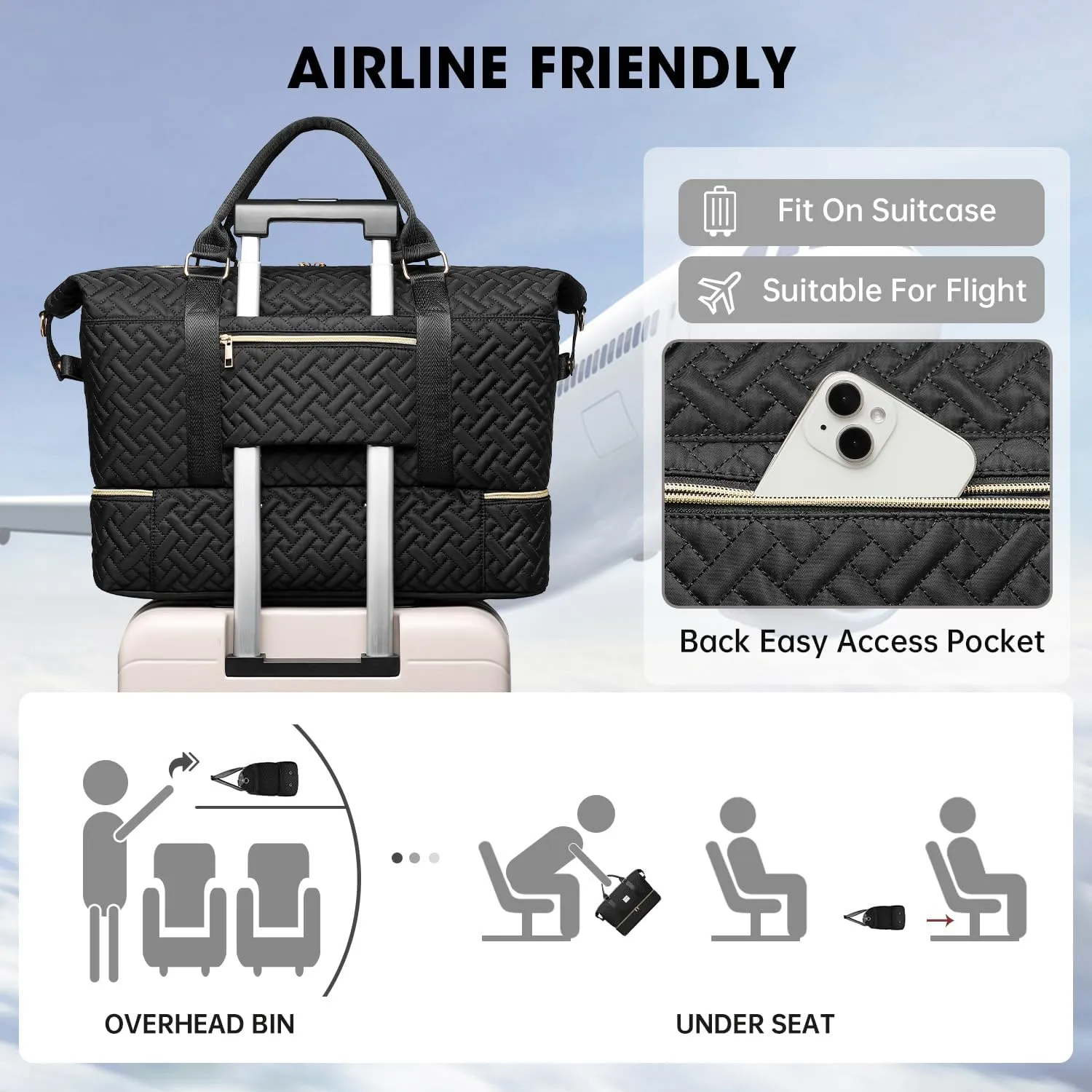 Duffle Bags for women,50L Quilted Travel Weekender Bag with Shoe Compartment, Large Carry On Overnight Tote Gym Bag
