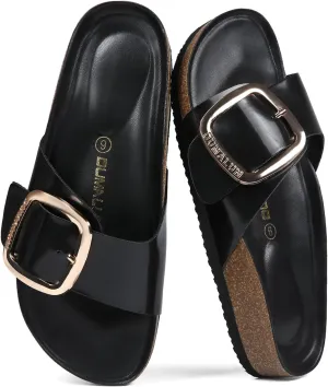 Dumalum Womens Slides Sandals Cork Footbed Flat Sandals Comfort Open Toe Buckle Flip Flops Slip On Home Slippers for Dressy Summer Beach Essentials