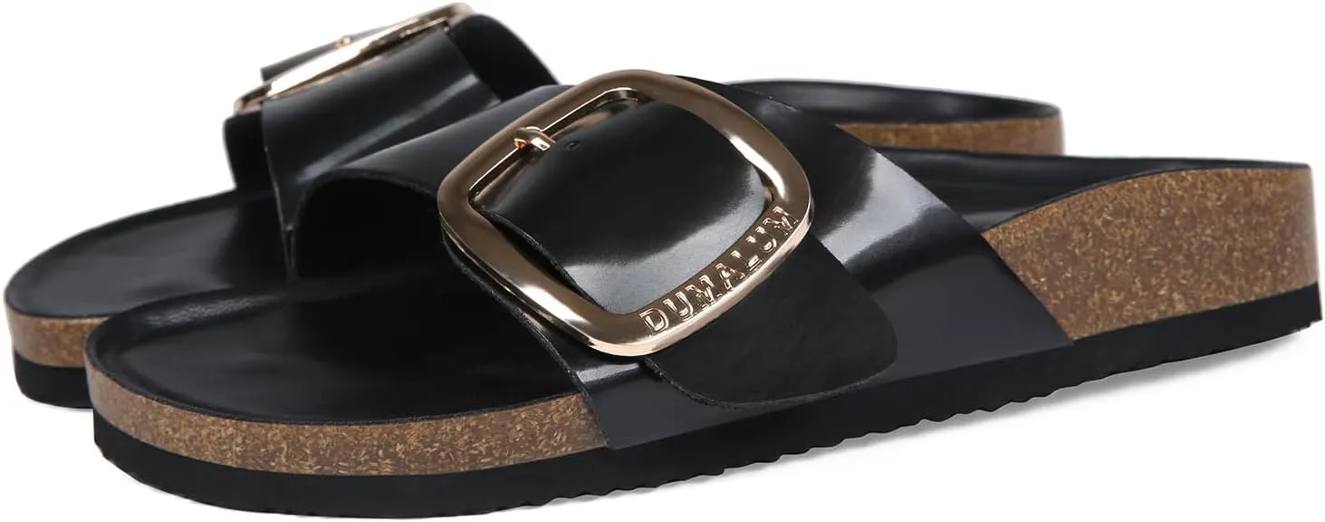 Dumalum Womens Slides Sandals Cork Footbed Flat Sandals Comfort Open Toe Buckle Flip Flops Slip On Home Slippers for Dressy Summer Beach Essentials