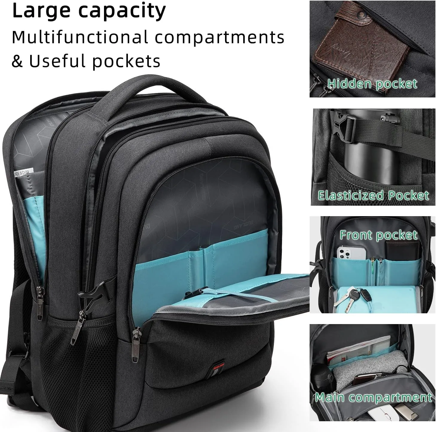 DUSLANG 17 Inch Laptop Backpack for Travel Water Resistant College Backpack for Men/Women Laptop Bag with USB Charging Port and TSA lock,Black