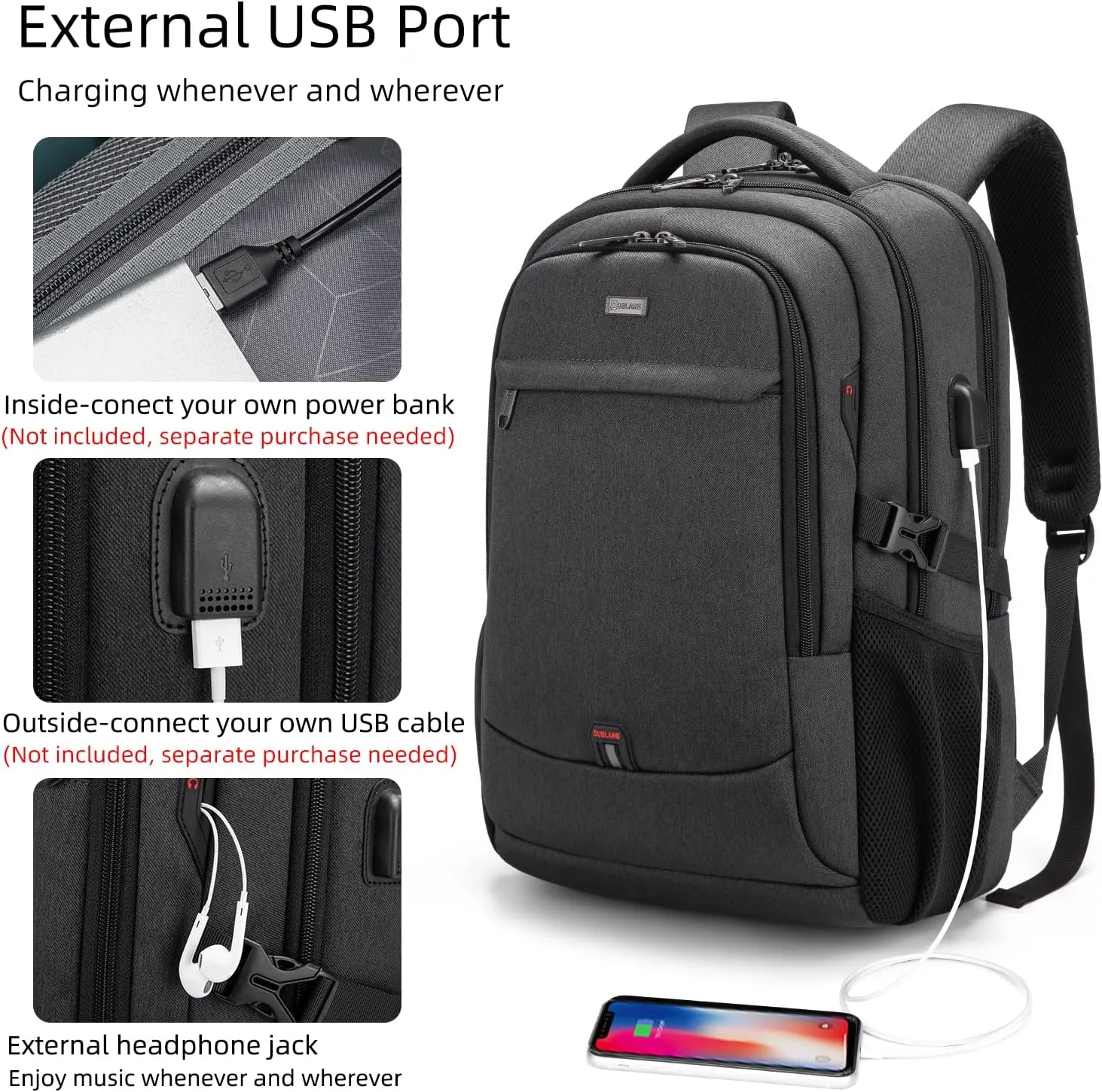 DUSLANG 17 Inch Laptop Backpack for Travel Water Resistant College Backpack for Men/Women Laptop Bag with USB Charging Port and TSA lock,Black