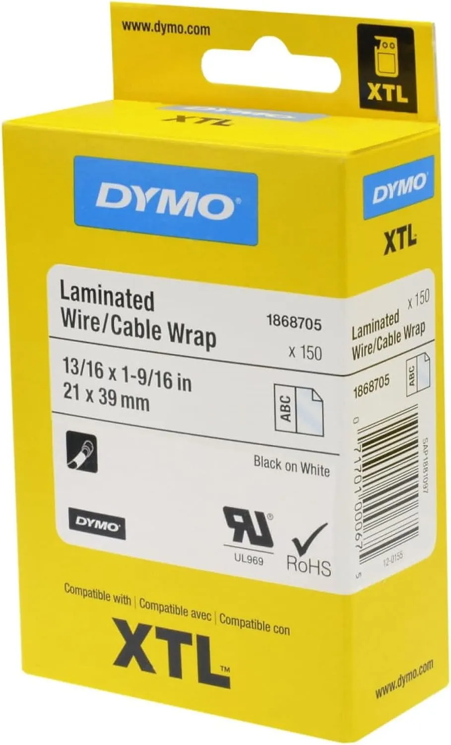 DYMO XTL Laminated Wire/Cable Wrap | 21 mm x 39 mm | Black on White