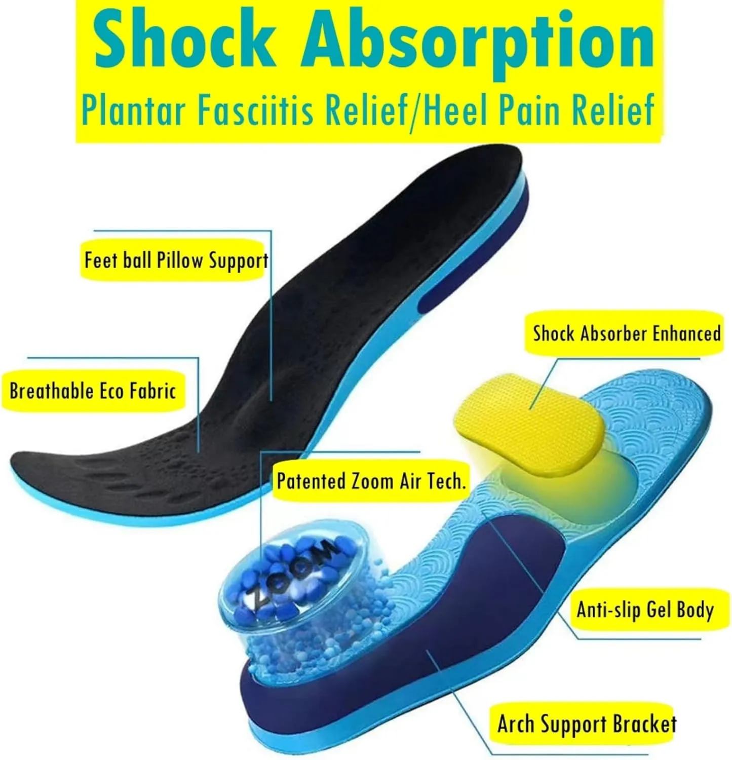 DynaZoom™ Arch Support Insoles Plantar Fasciitis Insoles Orthotic Gel Insoles Women Men Heel Pain Metatarsalgia Shoe Insert Shock Protect Overpronation Flat feet Insole Orthopedic Inner Sole