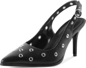 Eldof Women Slingback Heels Studded Eyelet Pointed Toe Slip On Stilettos High Heel Pumps Shoes Dressy 3.5 Inches