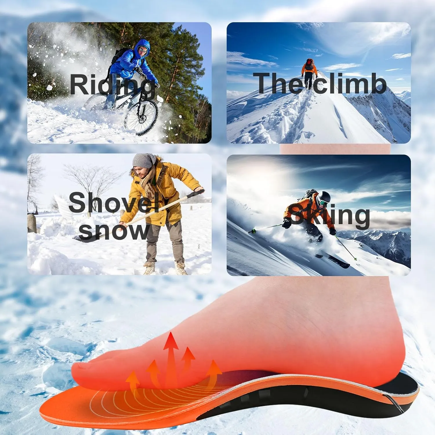 Electric Heated Plantar Insoles, Foot Warmers with Rechargeable Li-Ion Battery, Heavy Duty High Arch Inserts Outdoor Sports, Fatigue Reduce