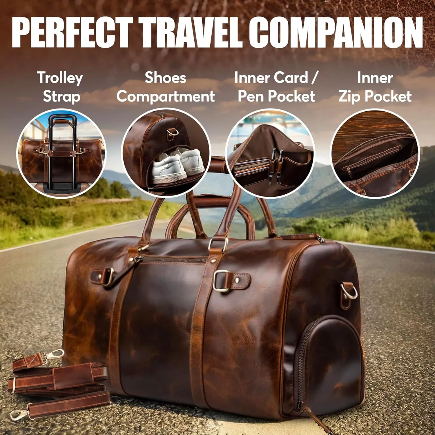 ELIZO Personalized Leather Duffle Bag For Men Women REAL FULL GRAIN Custom Travel Overnight Weekender Carry On Luggage Sports Gym Bags (Antique 20 Inch) Legacy