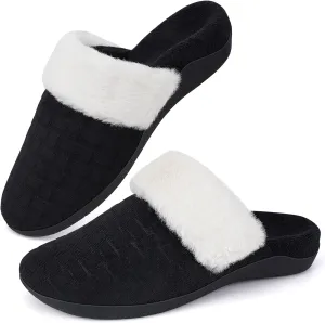 ERGOfoot Womens Orthopedic Fuzzy Slippers with Arch Support - Ideal for Plantar Fasciitis, Slip-On Bedroom House Shoes with Indoor/Outdoor Anti-Skid Rubber Sole