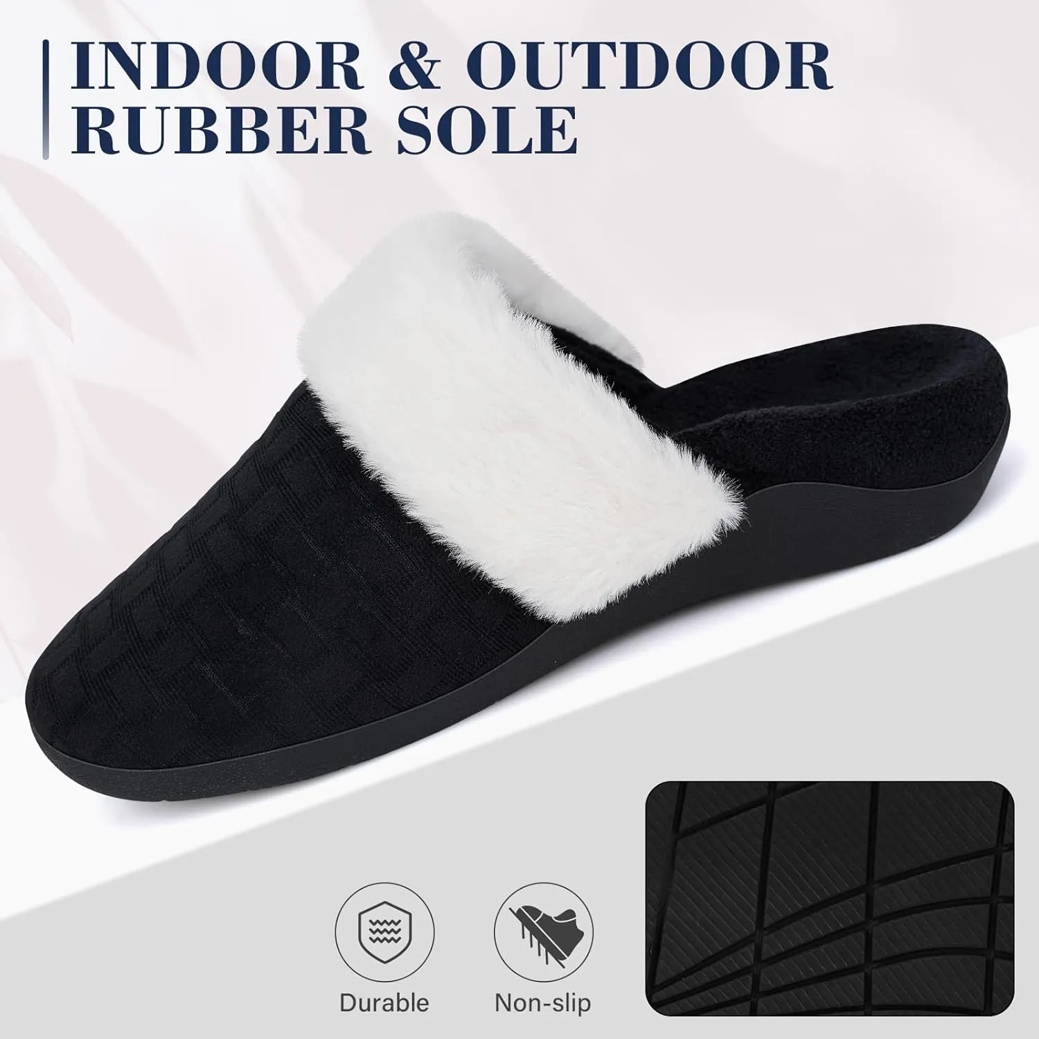 ERGOfoot Womens Orthopedic Fuzzy Slippers with Arch Support - Ideal for Plantar Fasciitis, Slip-On Bedroom House Shoes with Indoor/Outdoor Anti-Skid Rubber Sole