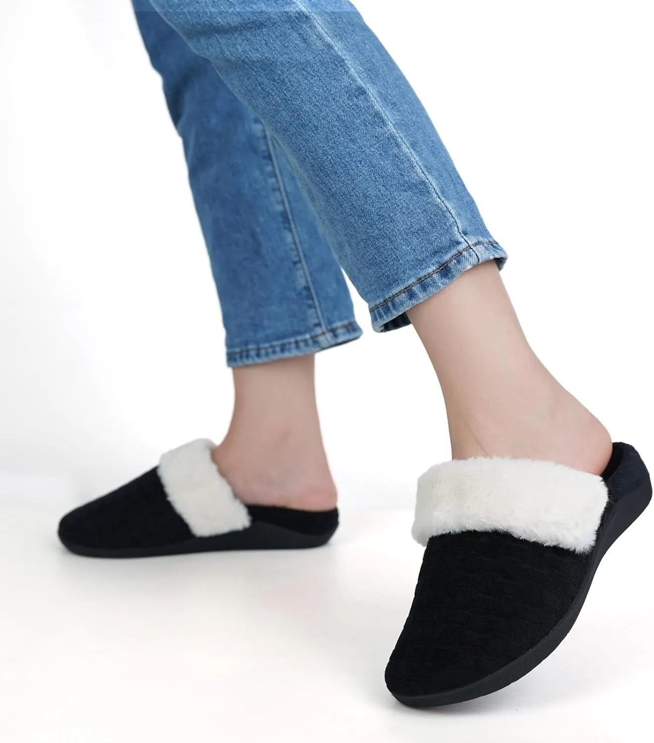 ERGOfoot Womens Orthopedic Fuzzy Slippers with Arch Support - Ideal for Plantar Fasciitis, Slip-On Bedroom House Shoes with Indoor/Outdoor Anti-Skid Rubber Sole