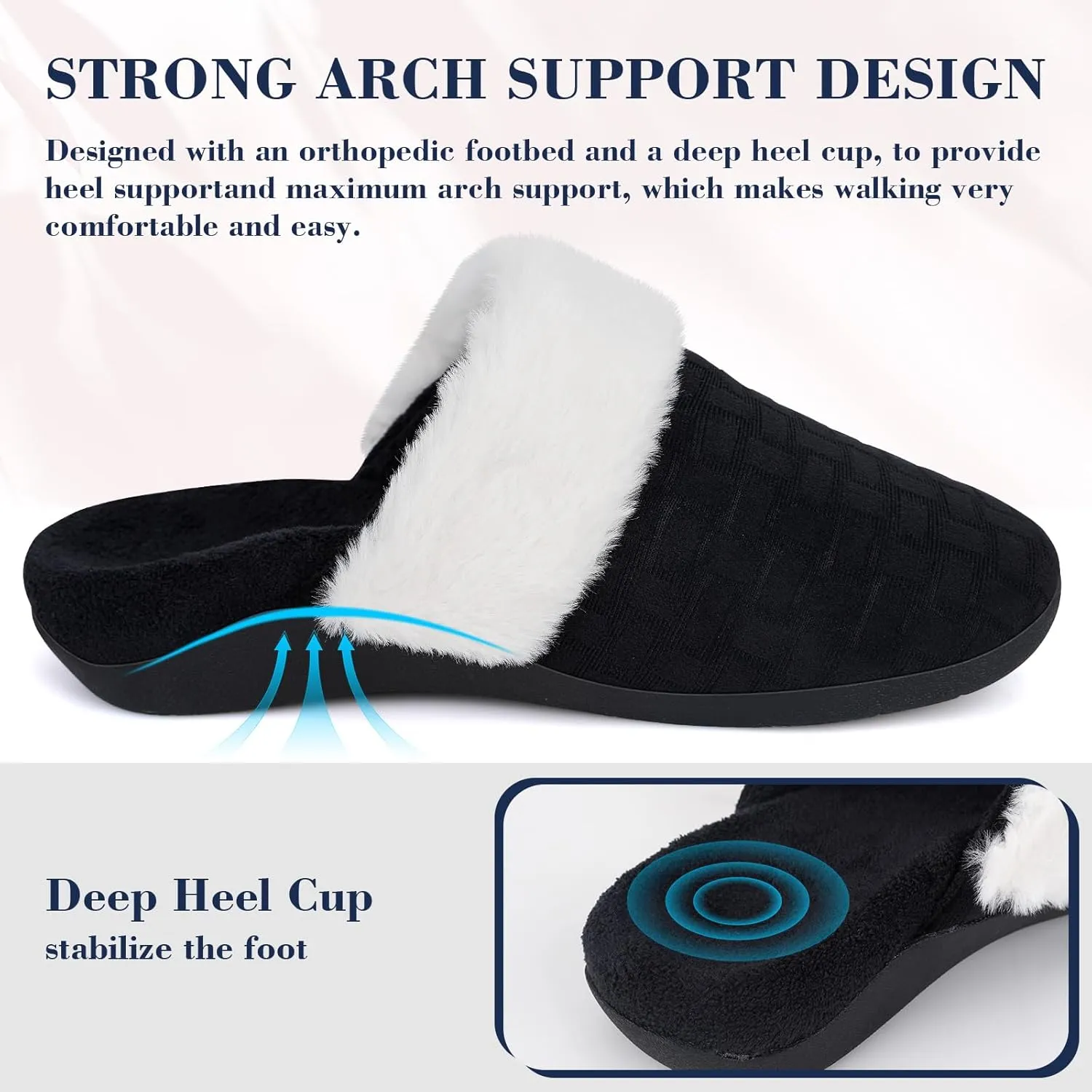 ERGOfoot Womens Orthopedic Fuzzy Slippers with Arch Support - Ideal for Plantar Fasciitis, Slip-On Bedroom House Shoes with Indoor/Outdoor Anti-Skid Rubber Sole