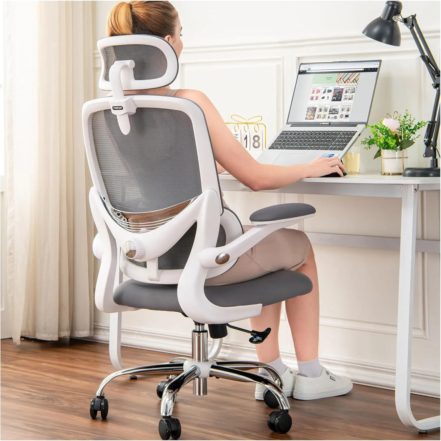 Ergonomic Home Office Chair, High Back Mesh Desk Chair with Adjustable Lumbar Support, Flip-up Armrest, Removable Headrest, Swivel Computer Gaming Chair, Space Saving, 330LBS (White Grey)