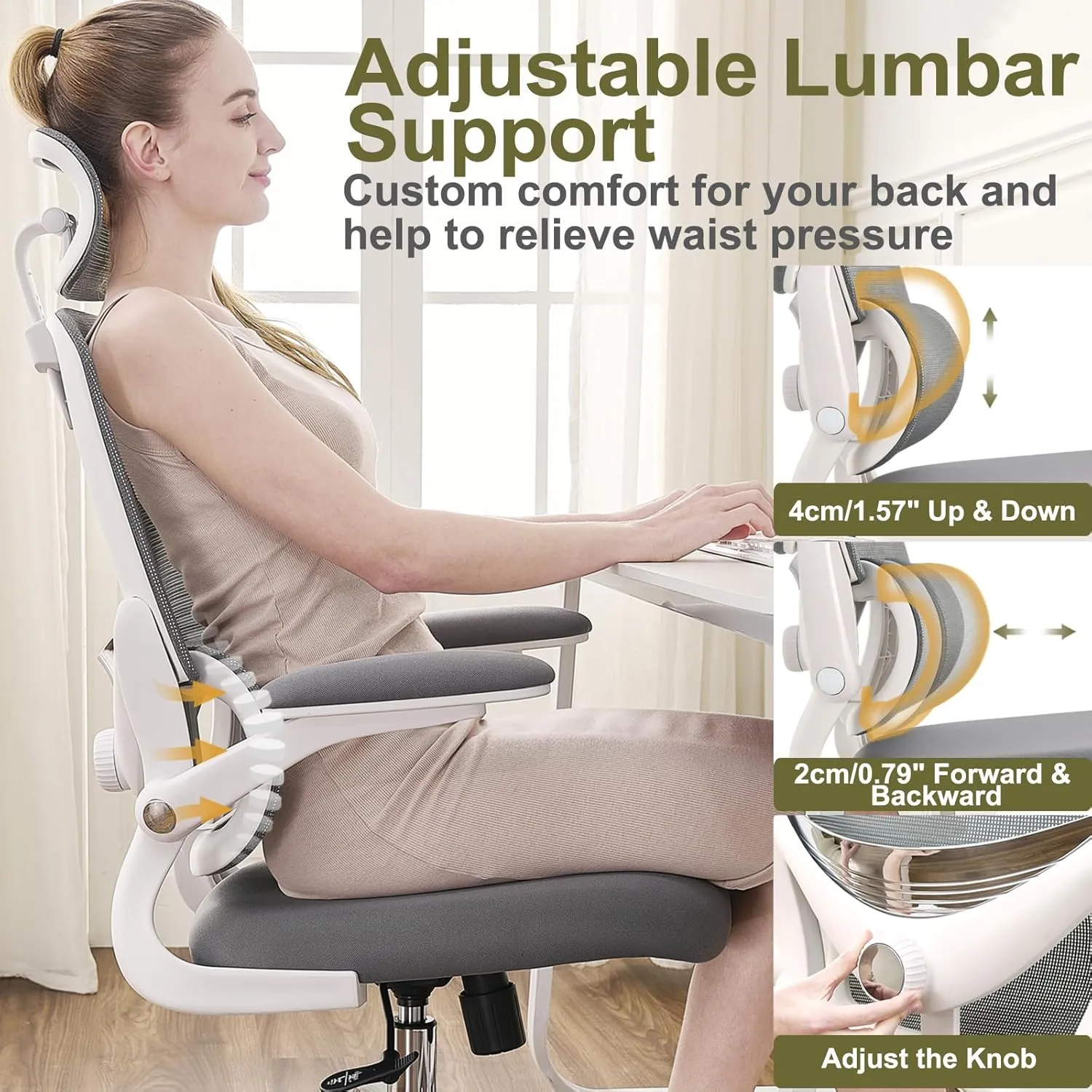 Ergonomic Home Office Chair, High Back Mesh Desk Chair with Adjustable Lumbar Support, Flip-up Armrest, Removable Headrest, Swivel Computer Gaming Chair, Space Saving, 330LBS (White Grey)
