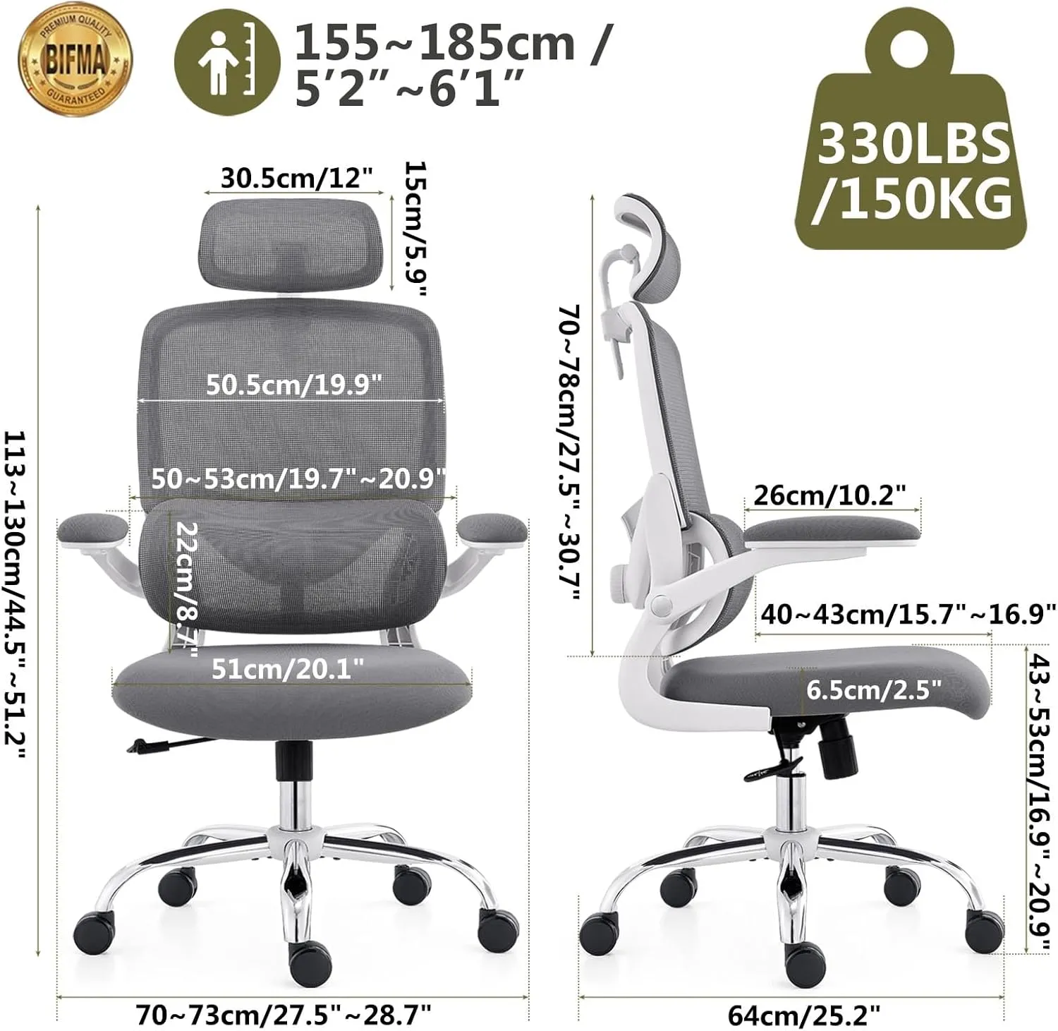 Ergonomic Home Office Chair, High Back Mesh Desk Chair with Adjustable Lumbar Support, Flip-up Armrest, Removable Headrest, Swivel Computer Gaming Chair, Space Saving, 330LBS (White Grey)
