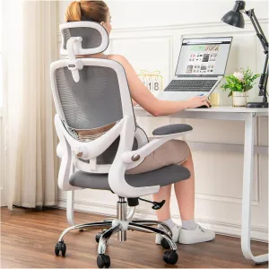 Ergonomic Home Office Chair, High Back Mesh Desk Chair with Adjustable Lumbar Support, Flip-up Armrest, Removable Headrest, Swivel Computer Gaming Chair, Space Saving, 330LBS (White Grey)