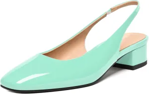 FEMSTEP Womens Patent Leather Wedding Fashion Slip On Square Toe Slingback Chunky Low Heel Pumps Shoes 1.5 Inch