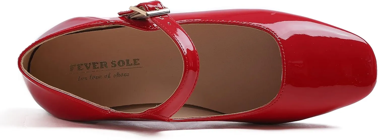 FEVERSOLE Women's Mary Jane Fashion Square Toe Easy Buckle Low Heel Slip On Flats