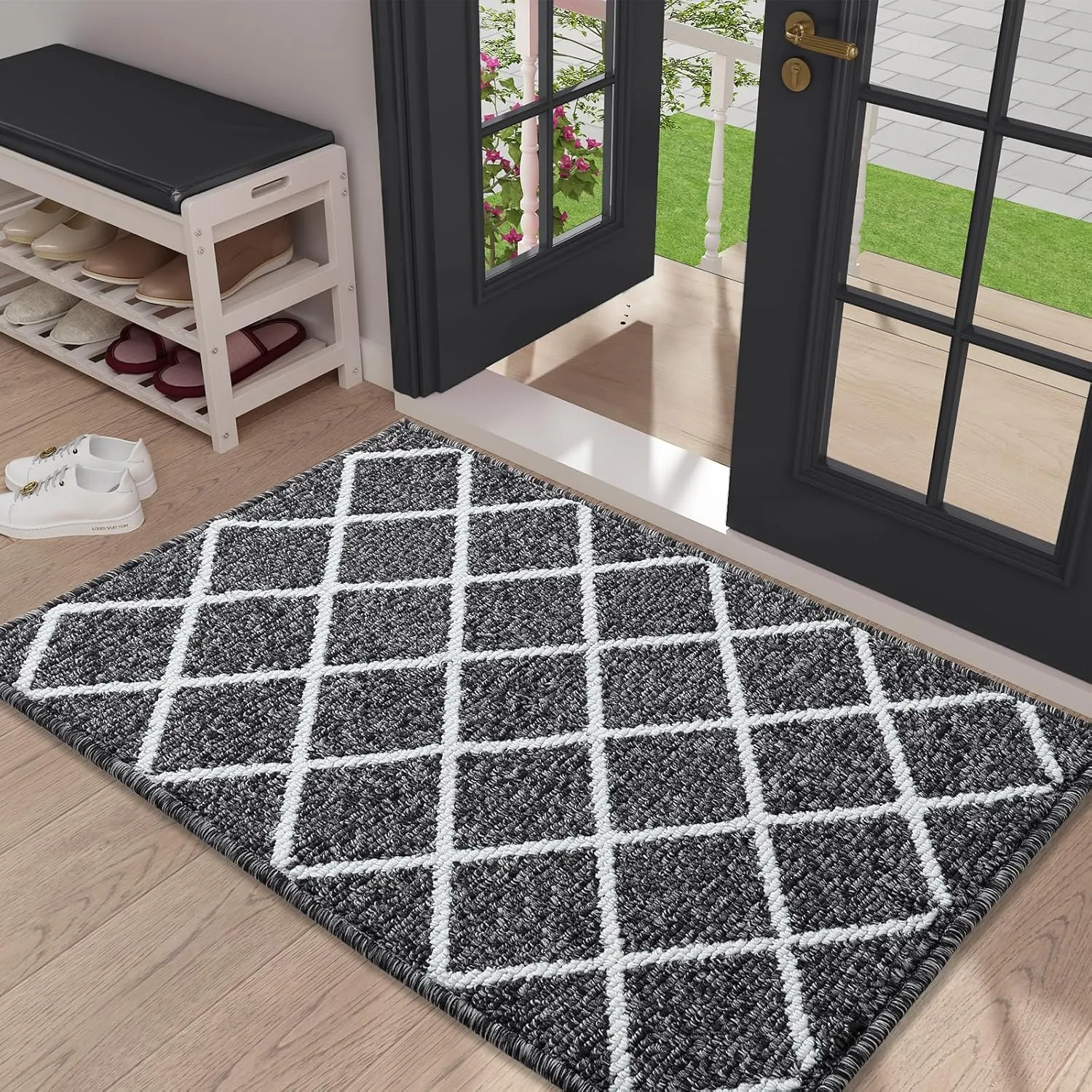 Finchitty Indoor Door Mat, Dirt Resistant and Absorbent, Low-Profile, Non-Slip, Washable Inside Floor Mats for Front Door, Back, and Entrance, 36" x 24", Black