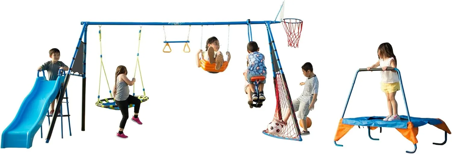 FITNESS REALITY KIDS Sports Outdoor 8 Station Playground Set, Includes Swing Set, Slide, Monkey Bars, Basketball Hoop, Trampoline, Soccer and Basketball   Pump