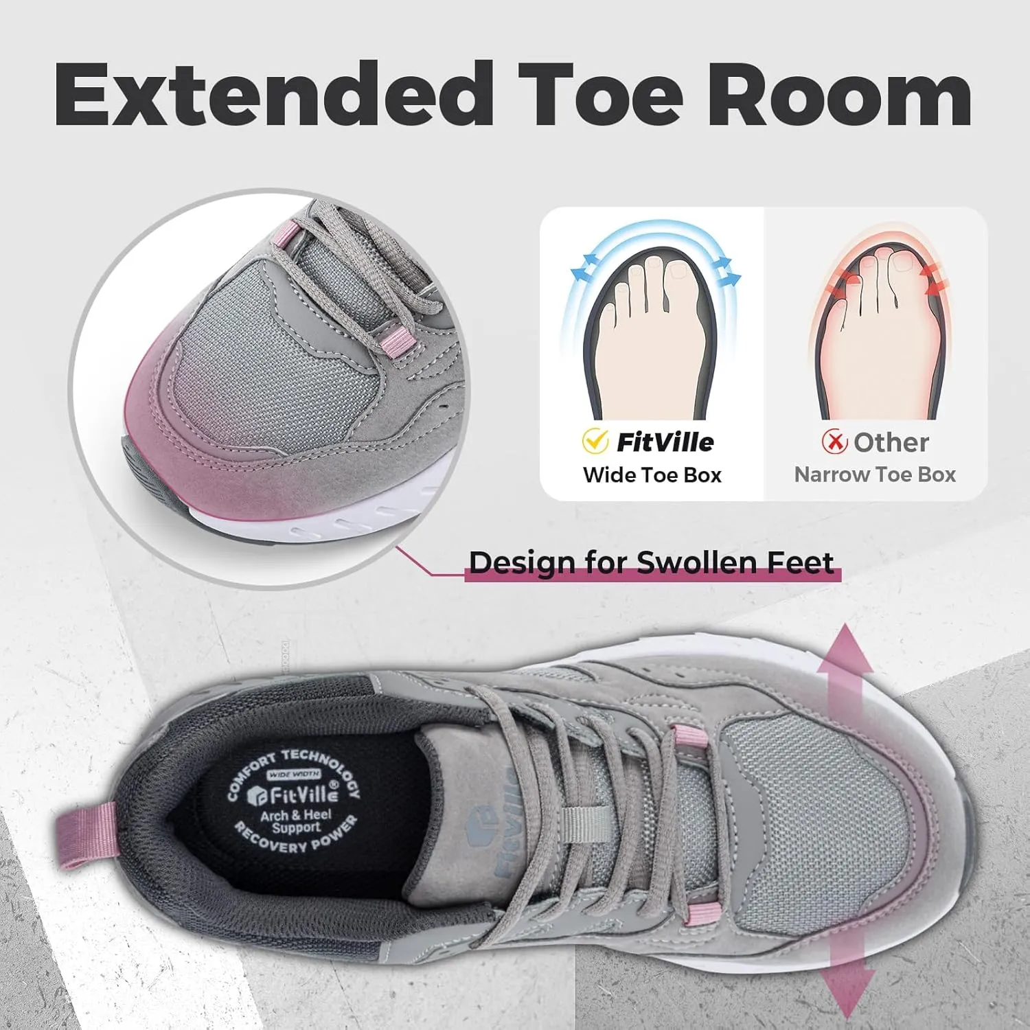 FitVille Extra Wide Walking Shoes Women Wide Width Workout Sneakers with Arch Support for Flat Feet Heel Pain Relief - Rebound Core V9